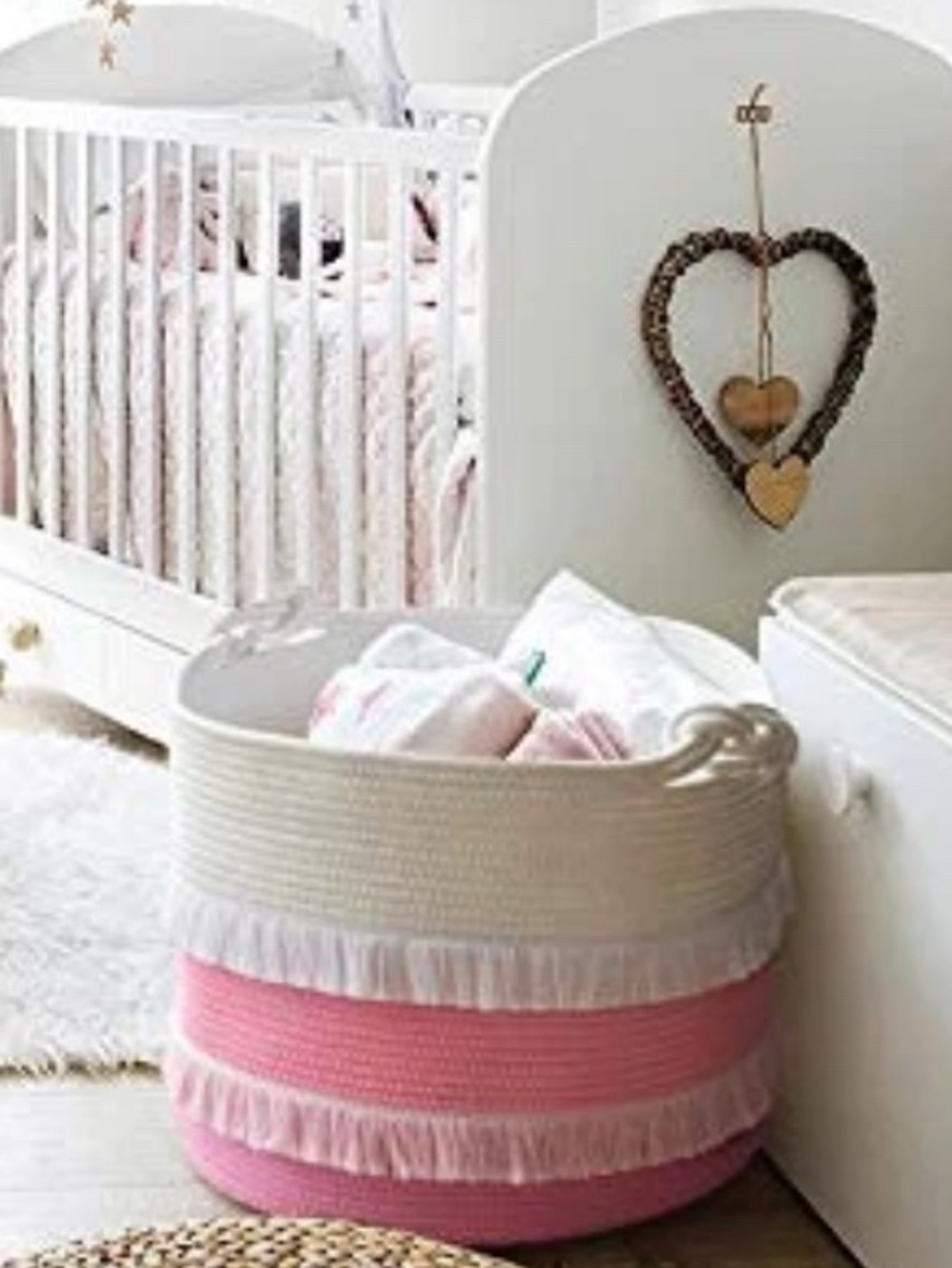 Pink & White Fringed Large Rope Basket - 16"x13" Decorative Woven Basket - Picture 8 of 11